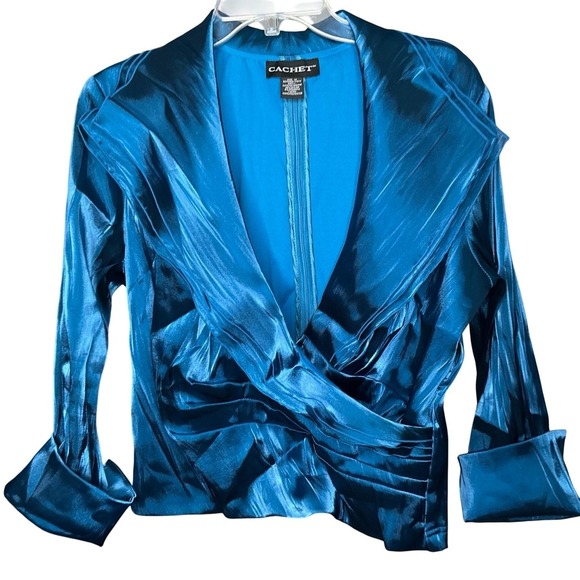 Cachet Blue Teal Satin Surplice Evening Blouse Ruched Waist 3/4 Sleeve Size 14 - Picture 2 of 10